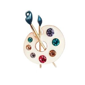 Artist Palette Brooch Pin Gold Tone Enamel Rhinestone Paint Brushes Art Teacher